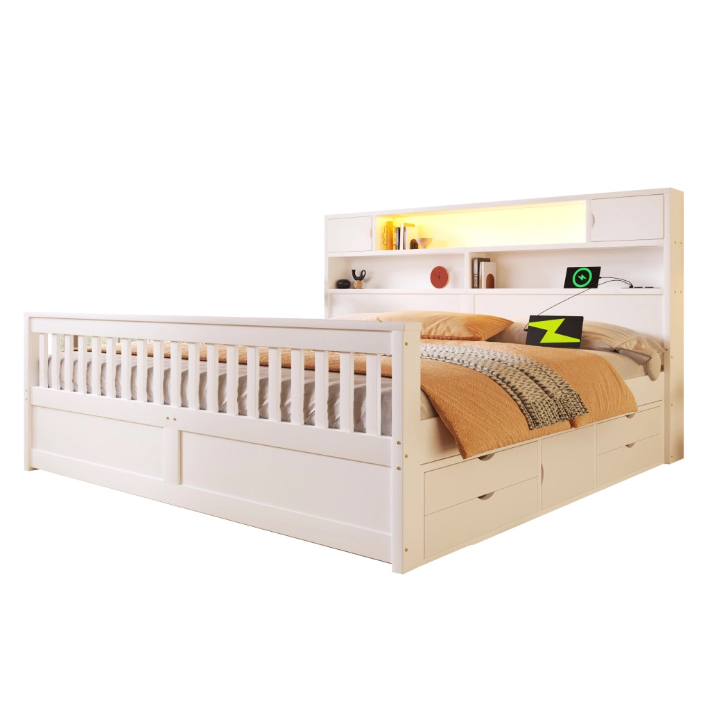 LETTO con testiera libreria 180x200 cm Bianco con 4 cassetti e LED