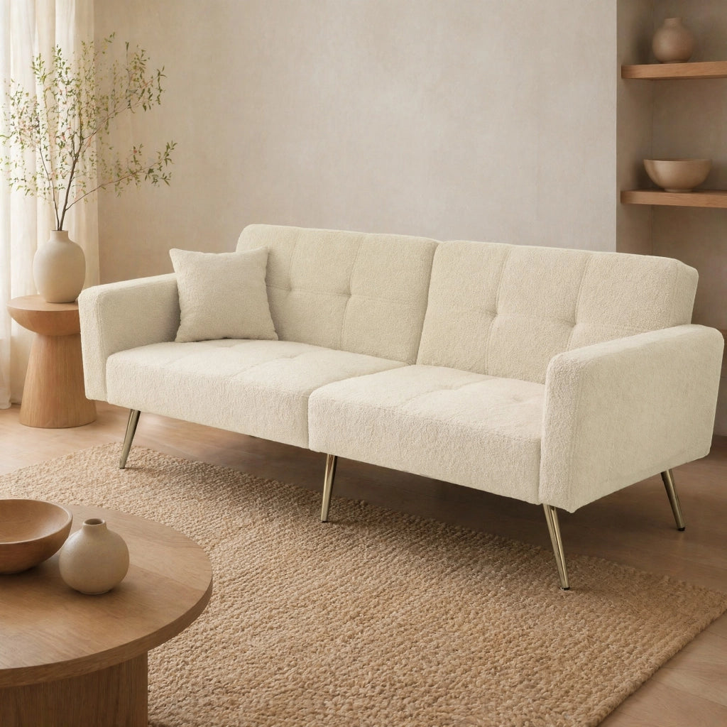 Divano Letto con Schienale Regolabile 105° 138° 180° e Tasche Laterali, Schiuma, Beige, 175 × 64 × 72 cm