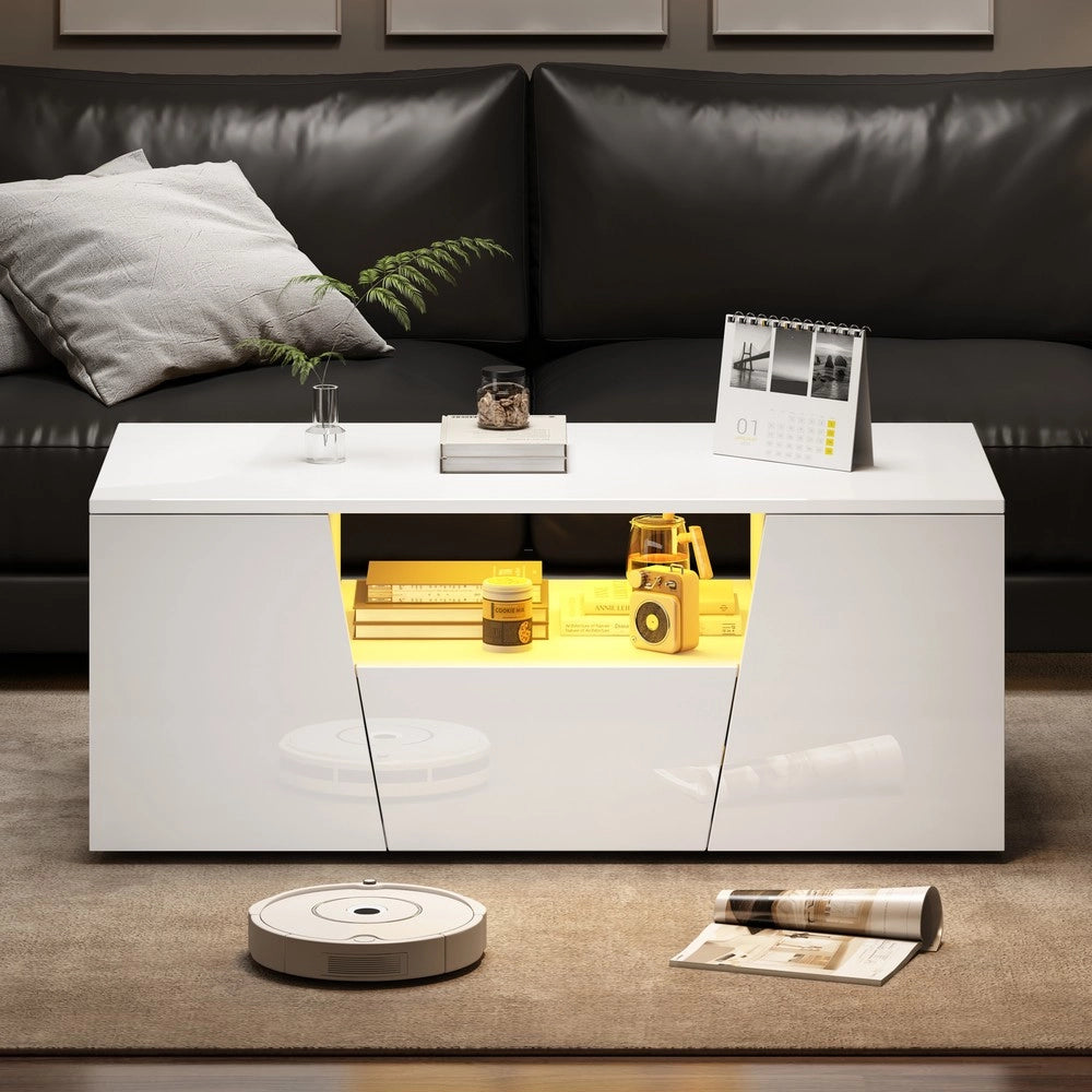 Tavolino da Caff¨¨ con LED e Cassetto ¨C MINIMAL ¨C Bianco Lucido, Design Moderno, 100x50x40