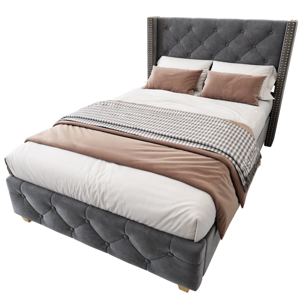 Letto imbottito 90x200 cm in velluto grigio con testiera; rete a doghe e gambe in legno