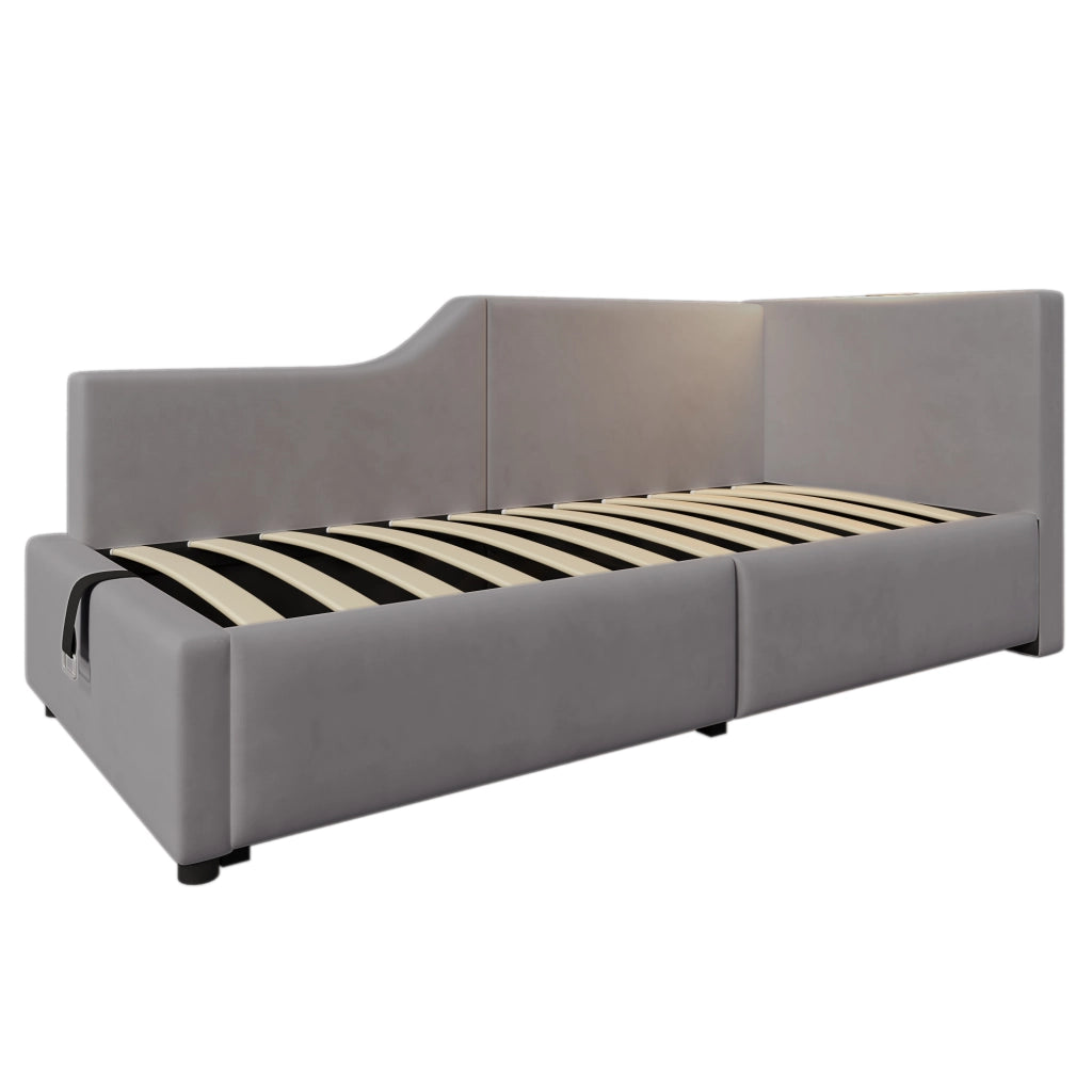 Letto imbottito 90x200 cm in velluto grigio con contenitore, lampada da lettura e USB-C