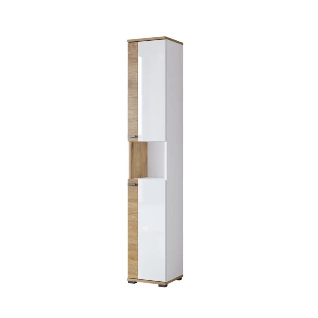 Colonna da bagno collezione BALEA - 2 porte e 1 nicchia, colore bianco e rovere