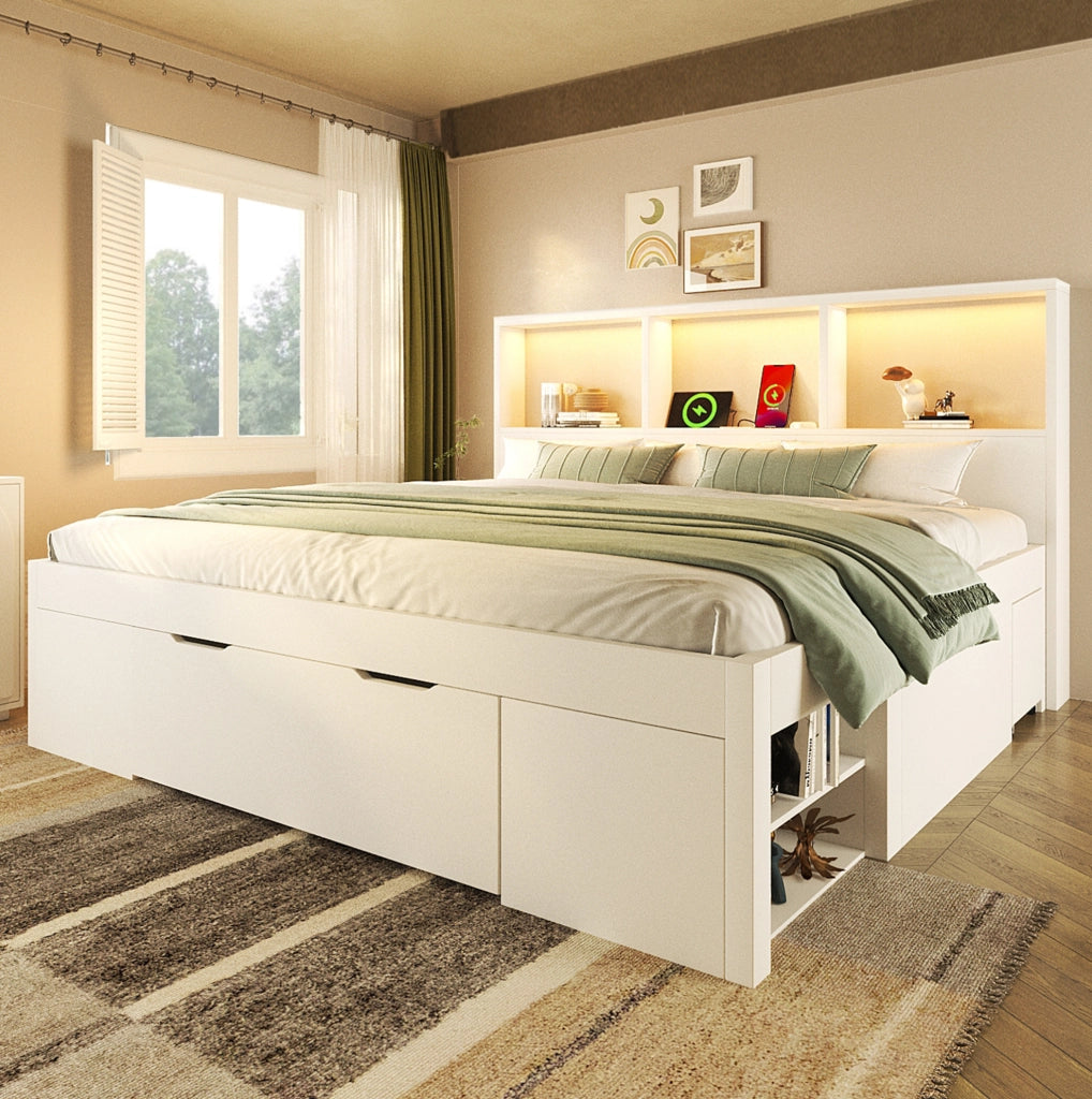 Letto matrimoniale ULEVR 140x200 cm bianco con LED, USB-C, cassetto e 2 comodini mobili