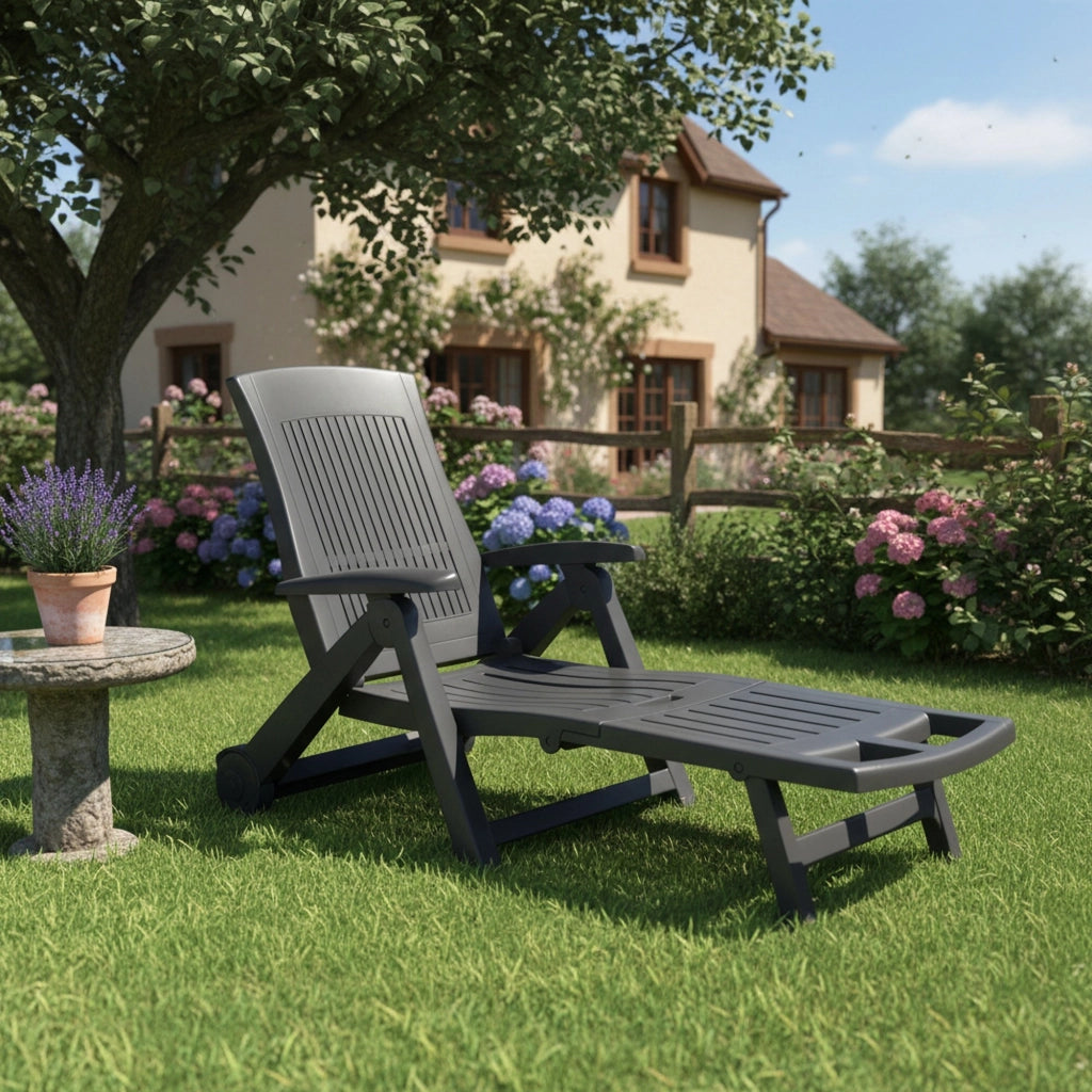 Sdraio da Giardino Adam, Lettino Prendisole Ruote Made in Italy, 195x72x101h cm Nero Antracite