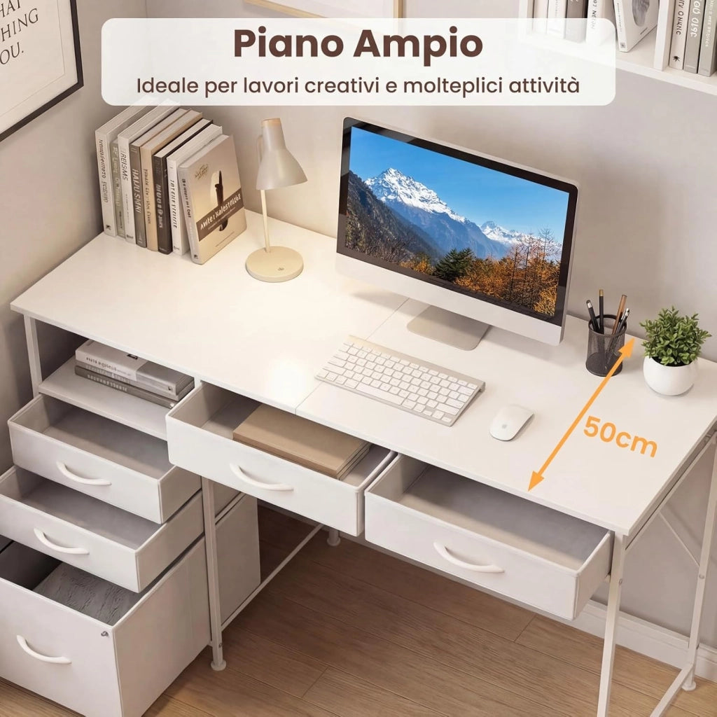 Scrivania per Computer 120 x 50 cm, Scrivania con Mensola, Cassetti in Tessuto e Struttura in Metallo, Scrittoio per PC per Ufficio, Camera da Letto e Studio (Bianco)
