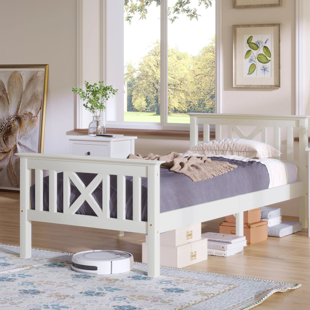 DESMIU Letto singolo 1 posto con 2 cassetti, testiera a X e doghe integrate, 90 × 200 cm, senza materasso