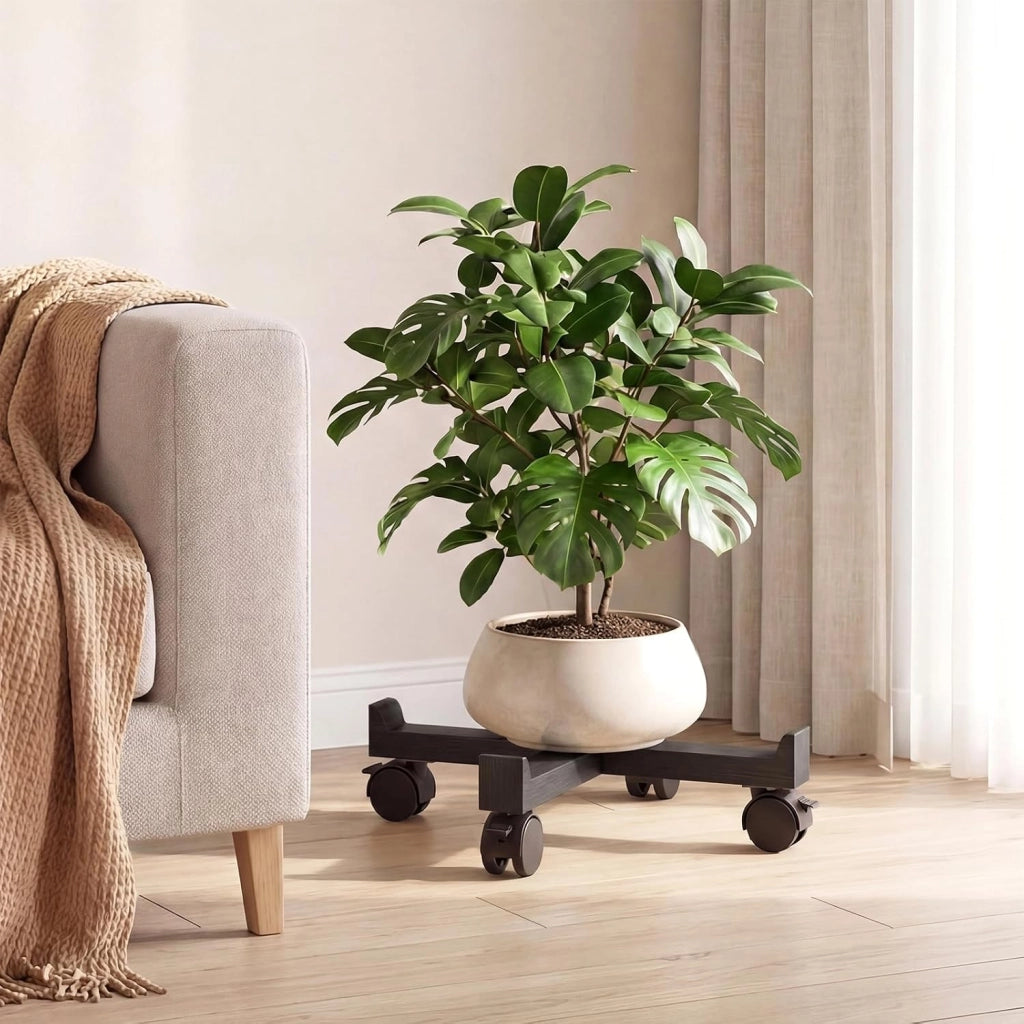 Set di 4 Sgabelli Impilabili 4 in 1, Sgabelli in Legno con Portavaso con Rotelle, 2 Grandi Ø36 cm e 2 Piccoli Ø35 cm, Tavolino Laterale Rotondo per Soggiorno e Camera da Letto (Nero)