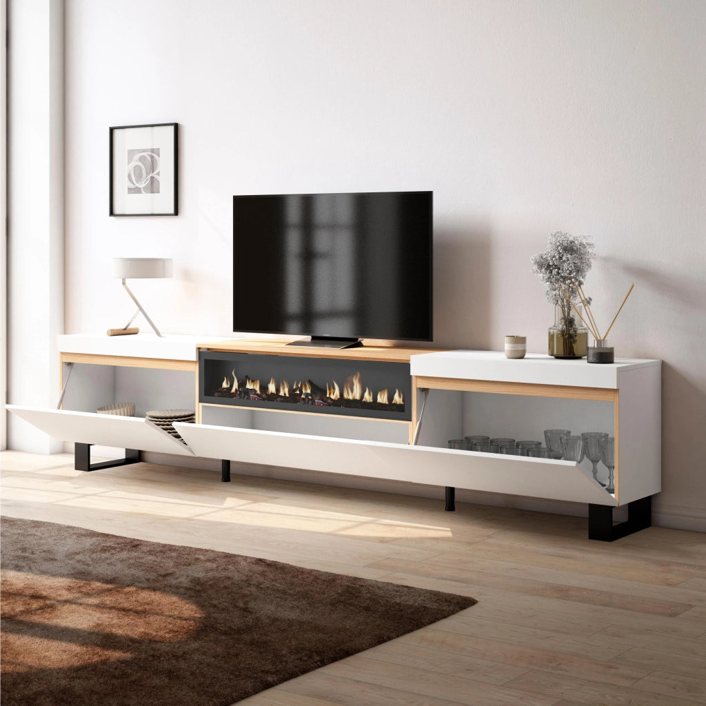 Mobile TV Soggiorno, 260x57x35 cm, TV di grande formato, Camino elettrico, Design industriale, Bianco e Rovere soft