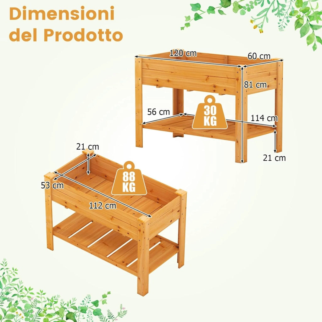 Letto per Orto Rialzato da Esterno in Legno di Abete, Fioriera Rialzata con Fori di Drenaggio e Ripiano Inferiore, Letto per Piante Urbano da Giardino e Patio, 120 x 60 x 82 cm (Arancione)