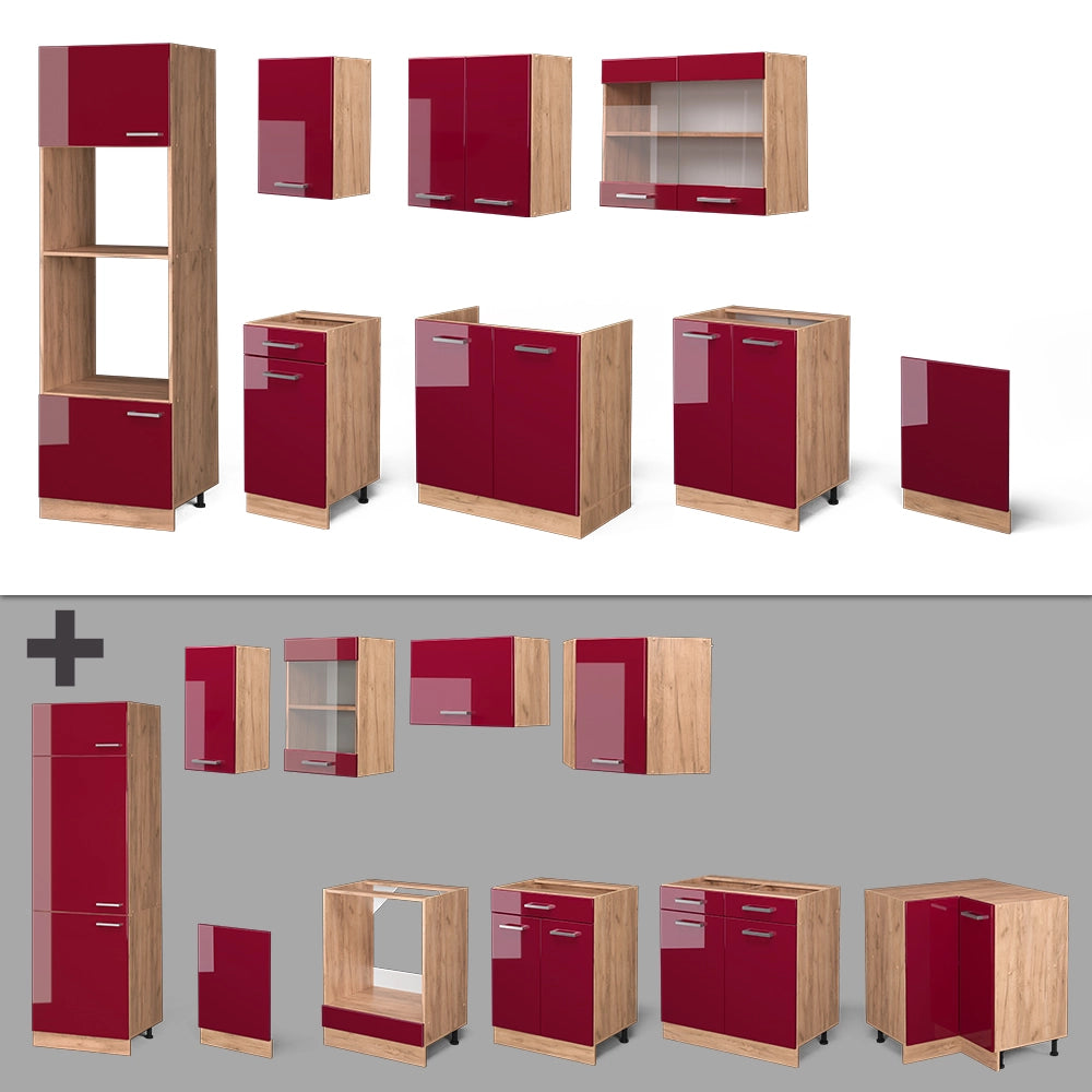Vicco Cucina componibile Rosso lucido/rovere dorato 300 cm con armadio alto, PL Rovere