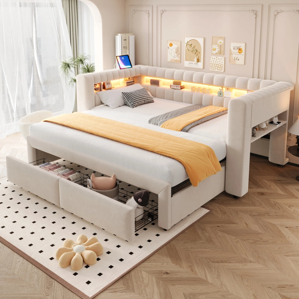 Divano letto imbottito 90x190 cm estensibile 180x190 cm in velluto beige con LED e USB