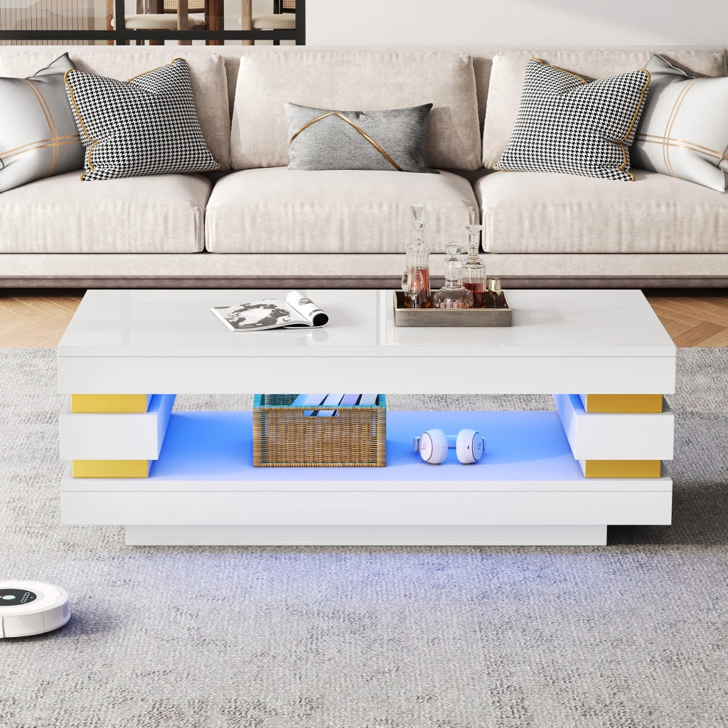 Tavolino lucido, 100 x 50 x 35 cm, design traforato, luci a LED, pannello truciolare, bianco