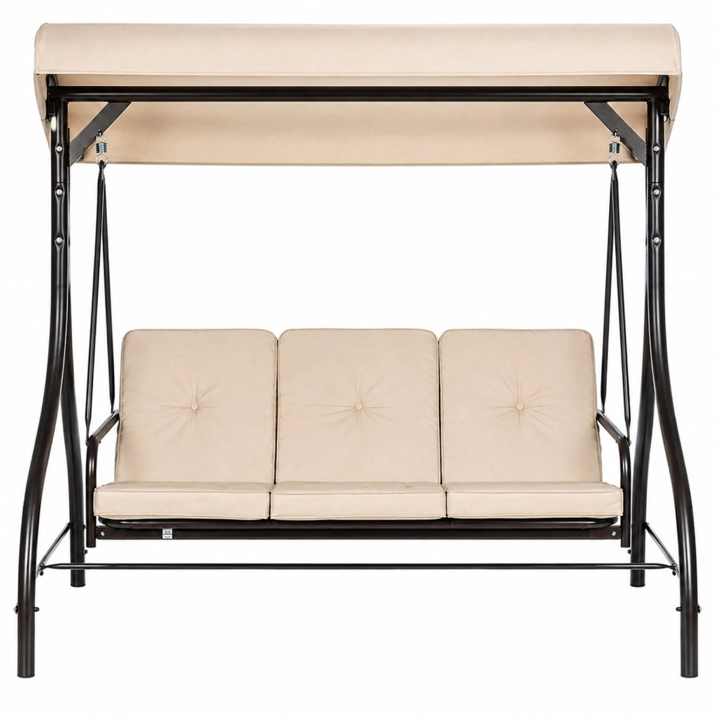 Dondolo Da Giardino 3 Posti Con Parasole E Seduta Reclinabile Trasformabile In Letto Struttura In Acciaio 195 x 120 x 175 Cm Beige