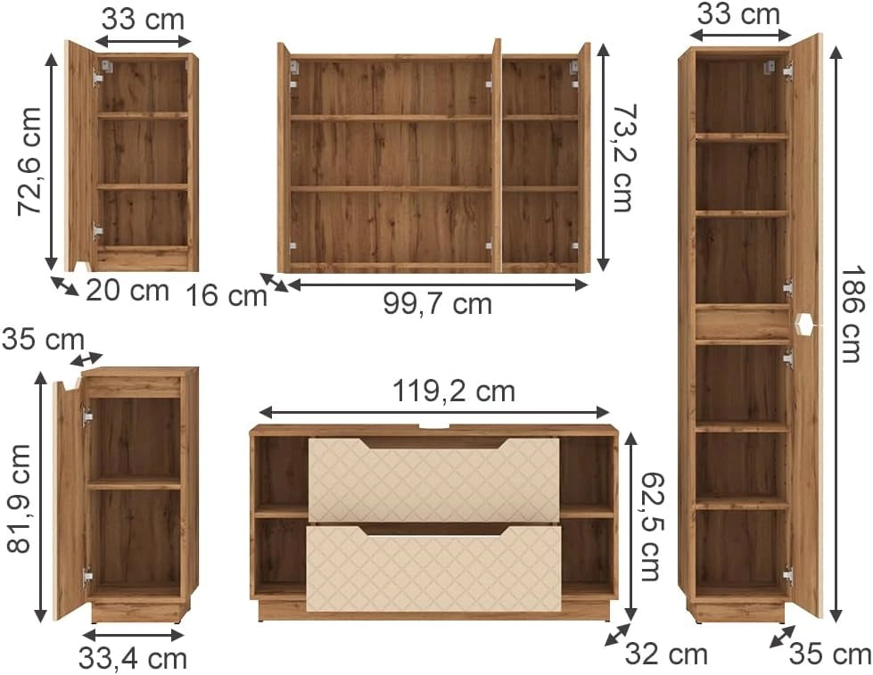 Set di mobili da bagno Lotta, Rovere/cashmere con struttura in piastrelle, 5 parti