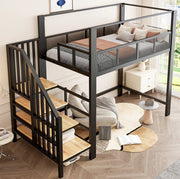 Letto a soppalco in metallo 90x200 cm con scala contenitore e tenda; nero