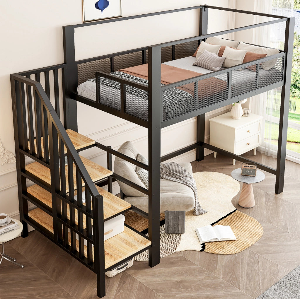 Letto a soppalco in metallo 90x200 cm con scala contenitore e tenda; nero