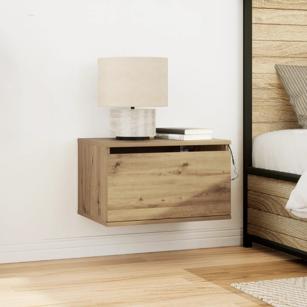 Comodino  con LED montato a parete in rovere artigianale 50x36x30 cm