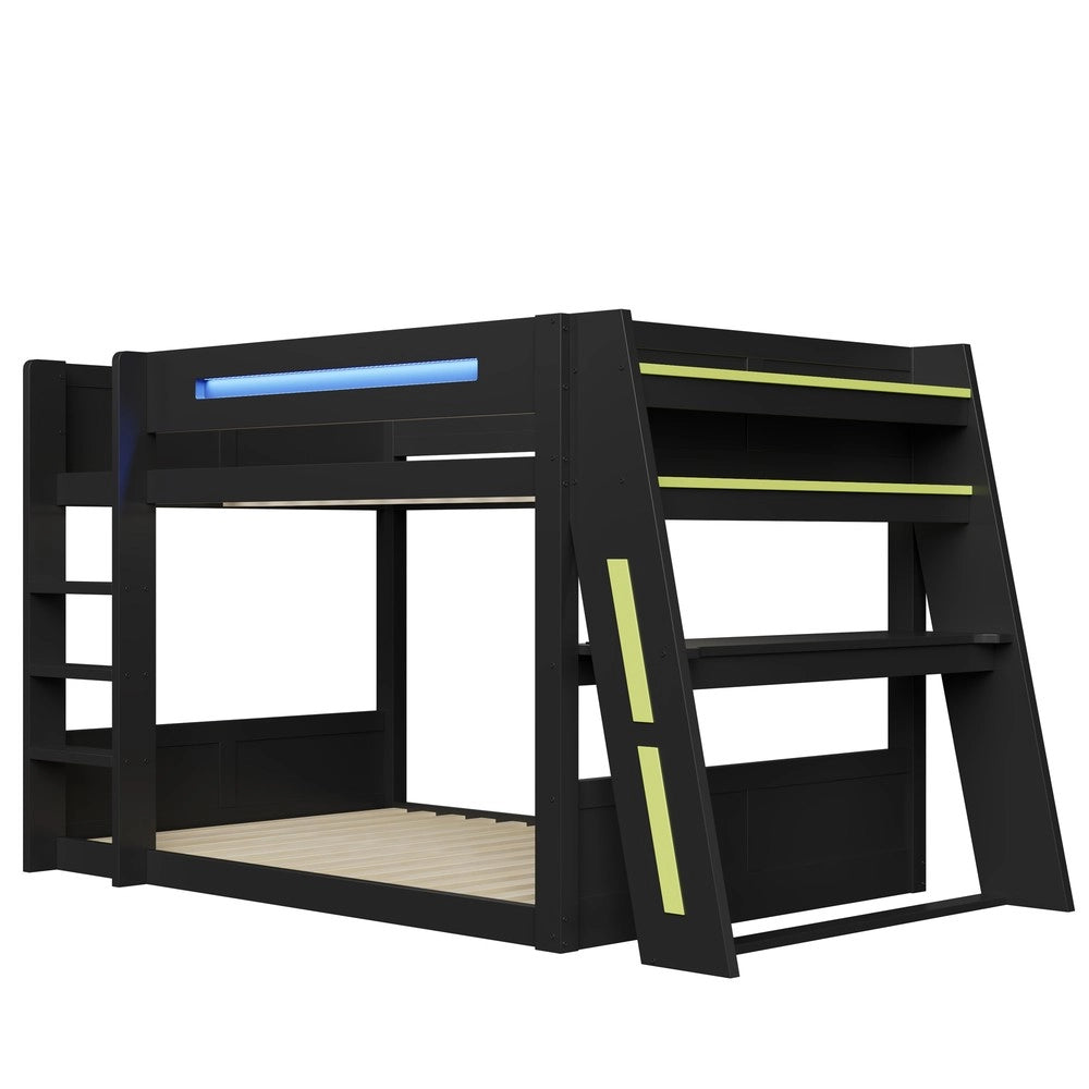 Letto a Castello Gaming in Legno con Scrivania e LED ¨C Xylo ¨C Nero, 140x200