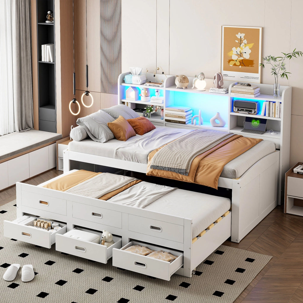 DESMIU Letto divano 90 × 200 cm 1 posto con LED, 3 cassetti, USB e Type-C, senza materasso, bianco