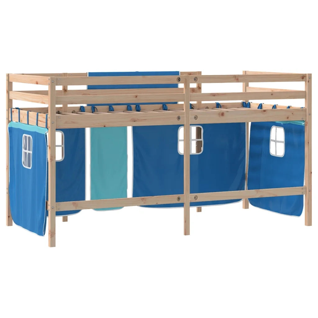 Letto a Soppalco con Tende Bambini Blu 80x200 cm Massello Pino 3206956