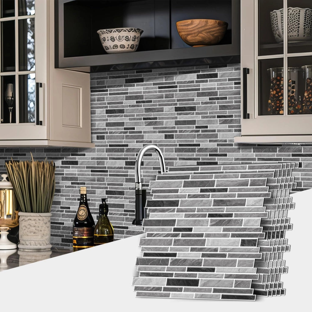 12 fogli di piastrelle autoadesive da 30,5 x 30,5 cm, per cucina, paraschizzi, in vinile, per cucina, paraschizzi, bagno, lavanderia (nero e grigio)