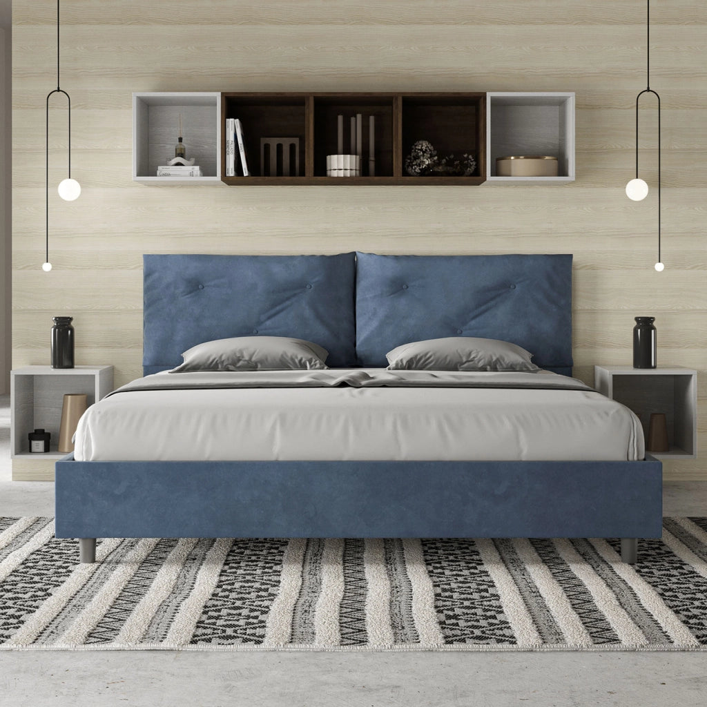 BS COM Letto matrimoniale king size con rete imbottito 190x200 microfibra blu Large