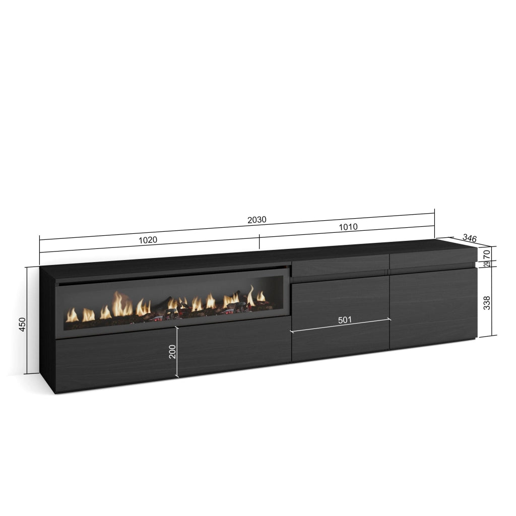 Mobile TV, 200x35x45cm, soggiorno, Per TV fino a 80", Camino elettrico, Nero RF2181