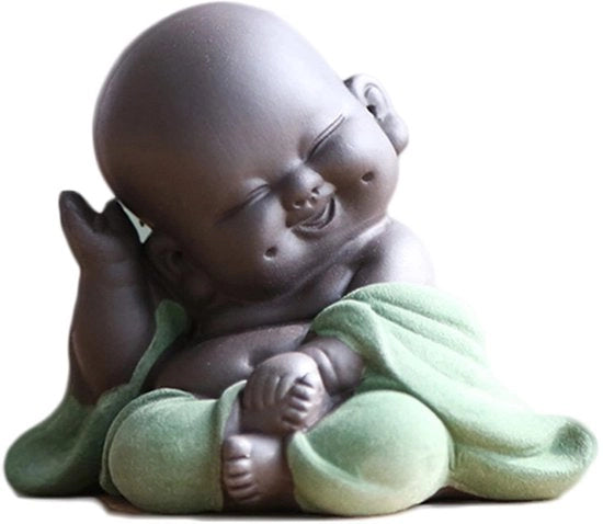 Statua di Buddha in Cotto con Espressione Felice, Piccola Figura di Monaco Decorativa per Ambiente di Ufficio o Casa, Ideale per Regali (Verde)