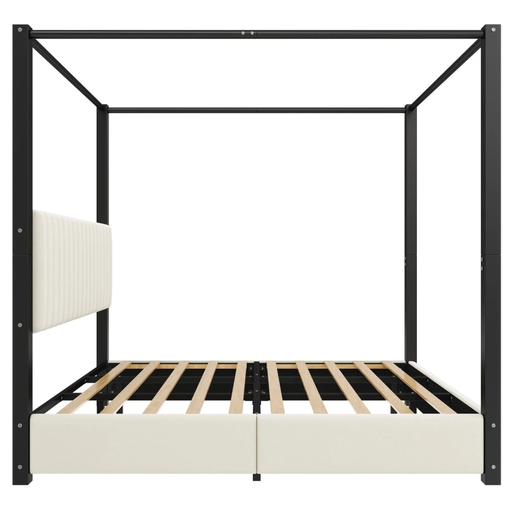 Letto a baldacchino 180x200 cm con testiera in velluto MDF e metallo beige e nero