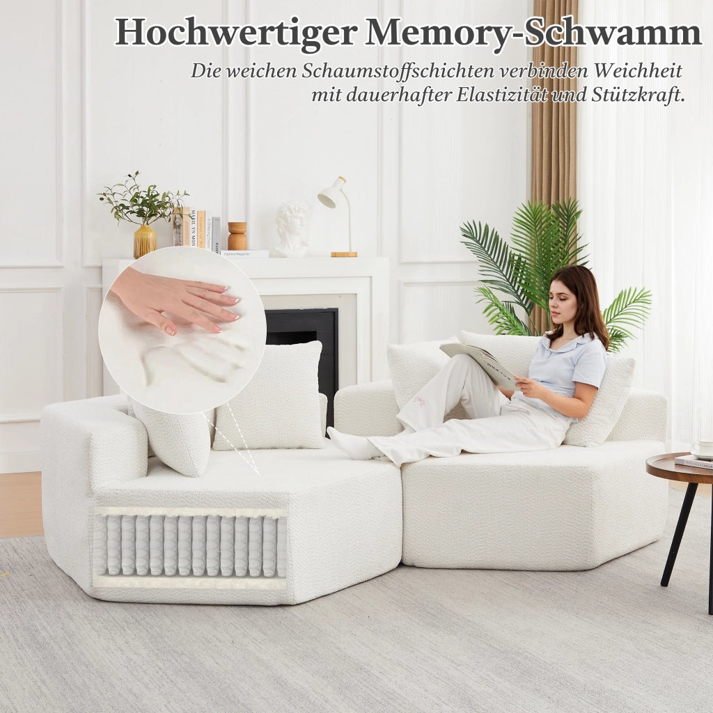 Poltrona da salotto modulare esagonale con tre cuscini e rivestimento in ciniglia beige con molle e schiuma