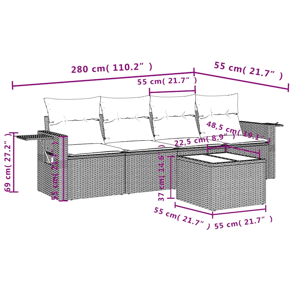Set Divano da Giardino 5pz con Cuscini Grigio Chiaro Polyrattan