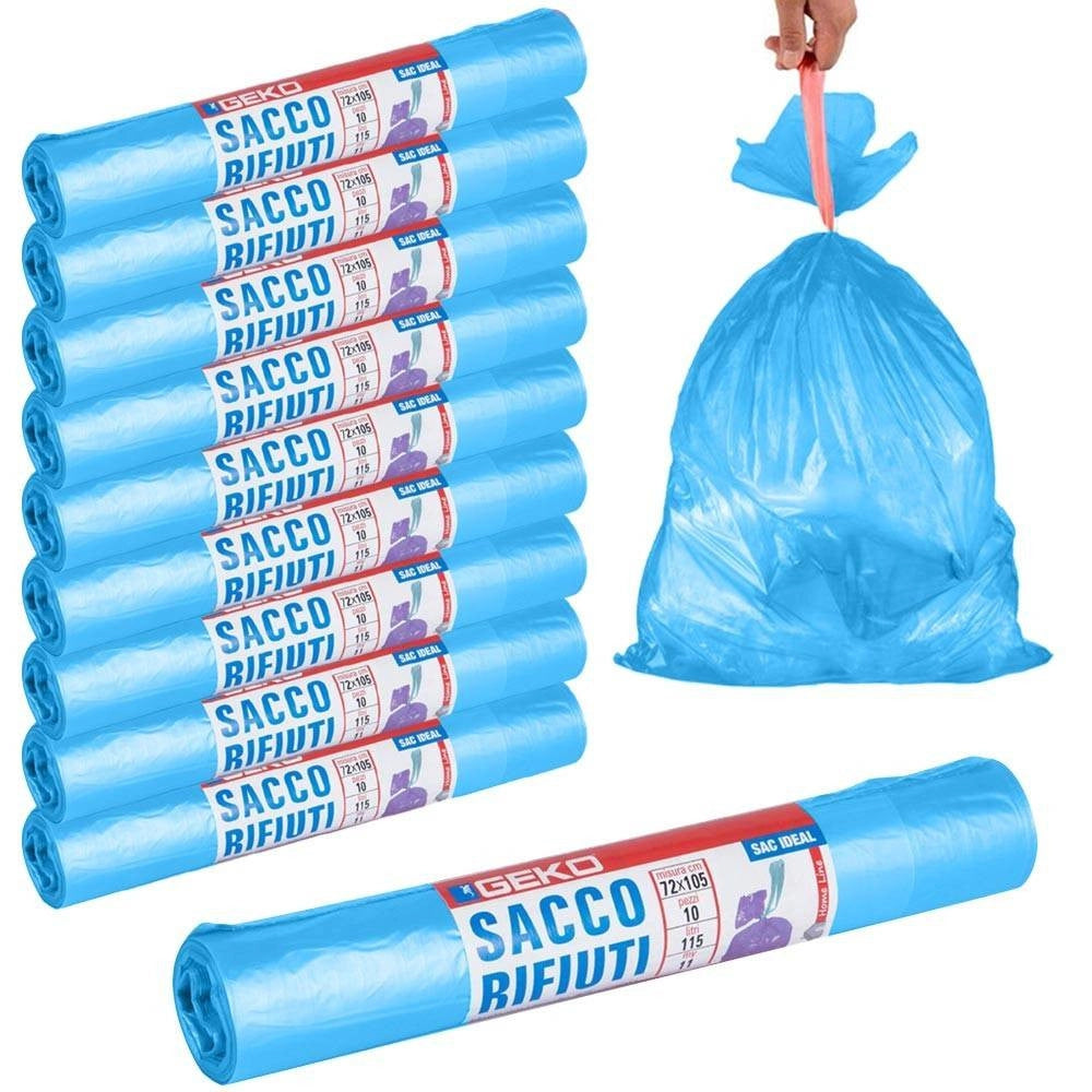 Trade Shop - Rotoli Sacchetti Buste Per Spazzatura 115lt 72x105cm Chiusura Con Laccetto Blu -