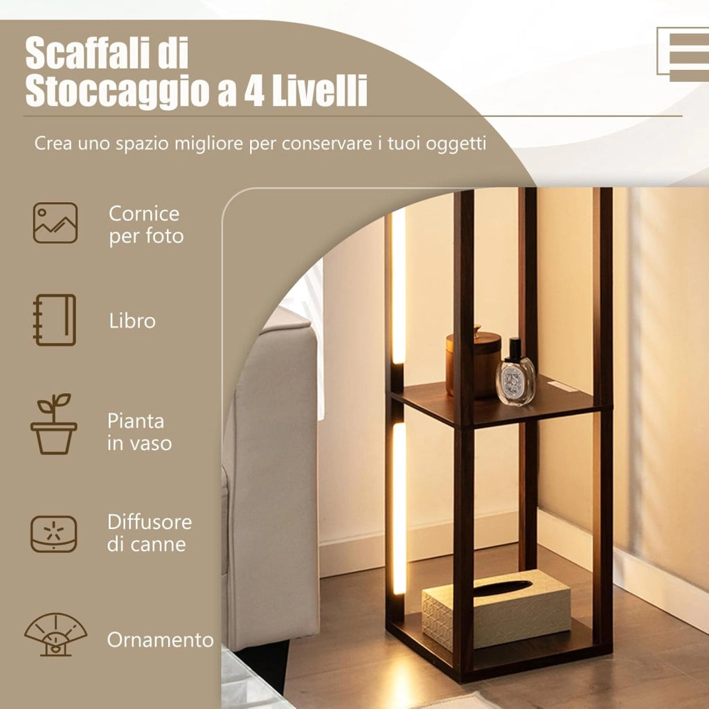 Lampada da Terra con Mensola, Lampadine LED Dimmerabili a 3 Livelli e Poli LED Ruotabili, Piantana Lampada da Terra per Soggiorno, Studio e Camera da Letto (Marrone)