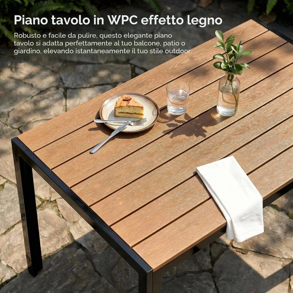 Tavolo da Giardino 110x70 cm, Tavolo da Terrazzo in WPC per 4-6 Persone, Tavolo da Balcone Resistente alle Intemperie con Telaio in Alluminio, Design Effetto Legno,Marrone Teak