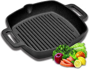 Grillpan in acciaio di ghisa 32 x 27,5 cm, pangrill in acciaio di ghisa, padella per torte con scarico, padella per fuoco con 2 maniglie, padella per steak incisa per barbecue a gas, ideale per campeggio e giardino