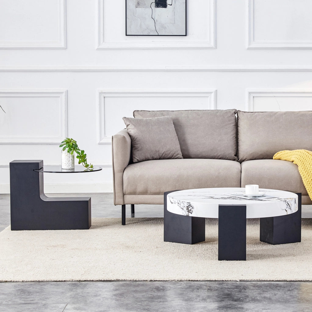 Set di tavolini rotondi MDF e vetro effetto marmo bianco