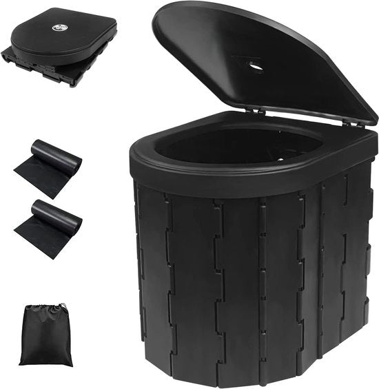 Toilet opvougable in nero con 2 rotoli di sacchetti di rifiuti biodegradabili - Toilette di emergenza portatile per escursioni, campeggio e viaggi