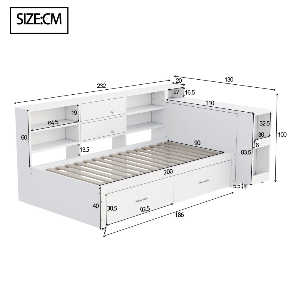 LETTO Multifunzionale 90x200 cm in legno bianco con cassetti e scrivania estraibile