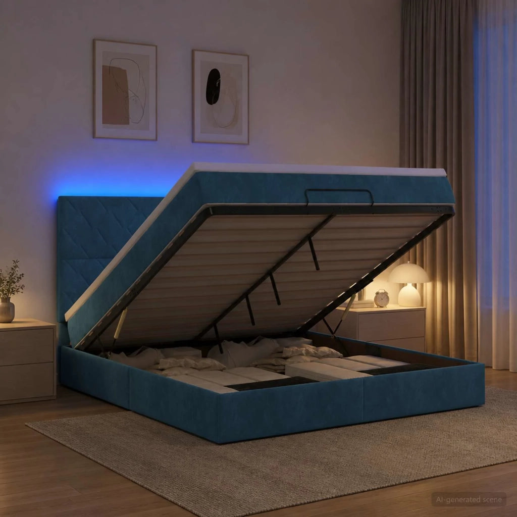 Letto Ottomano con Materasso e LED Blu scuro 140 x 190 cm 3458377