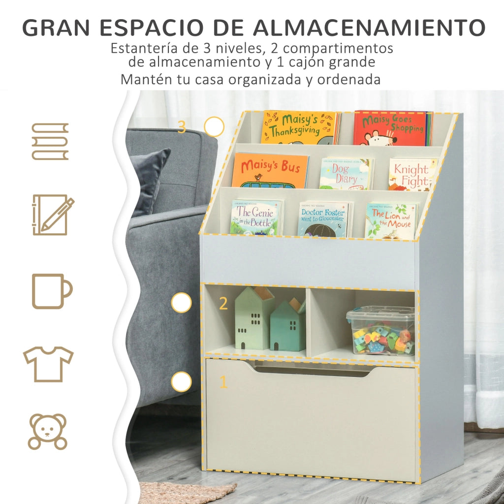 Libreria mobile per bambini con 3 ripiani 2 scomparti cassetto e 4 ruote ¨C Xylo ¨C Legno grigio 60x29,9x90 cm