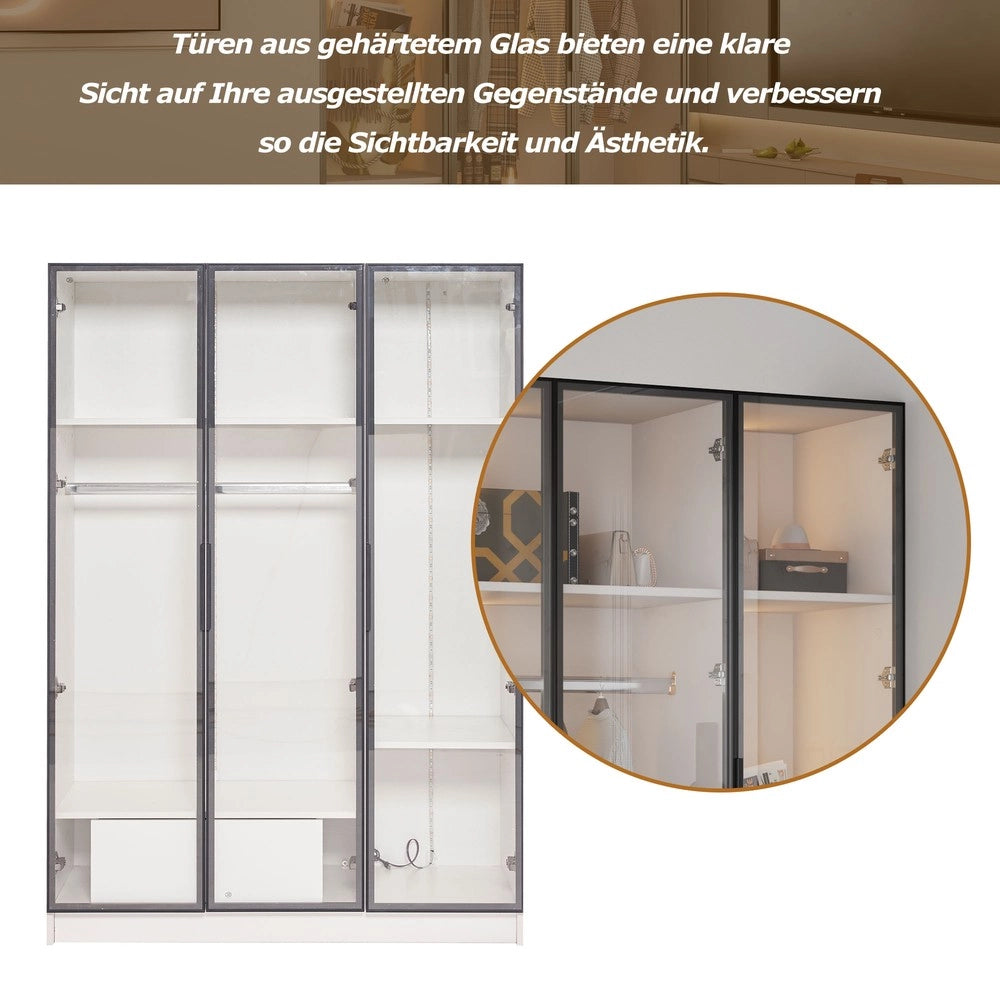 Armadio con Ante in Vetro Scorrevoli e Cassetto con LED ¨C MINIMAL ¨C Bianco, 110x50x160