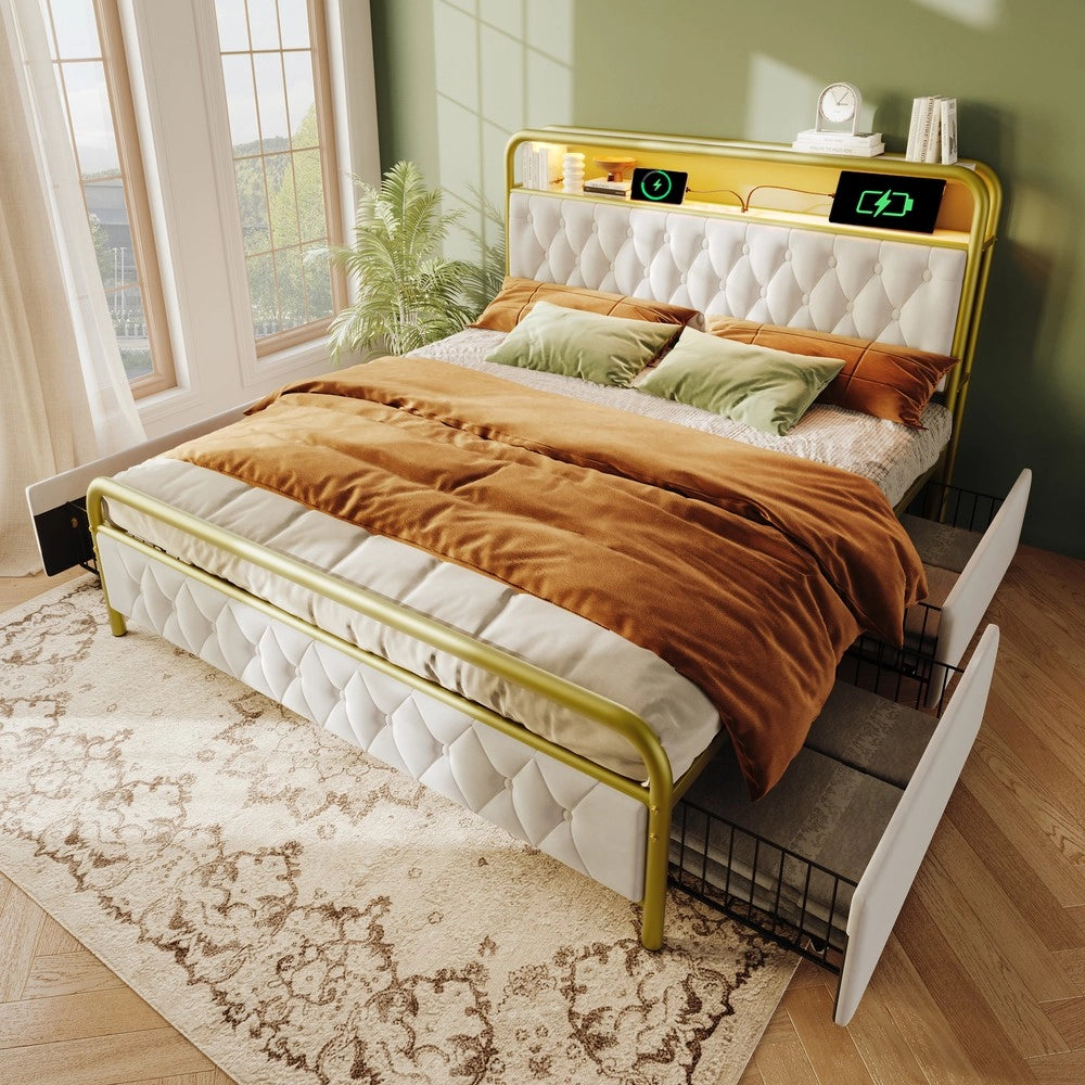 Letto Imbottito Matrimoniale con Cassetti e LED ¨C MINIMAL ¨C Velluto 140x200