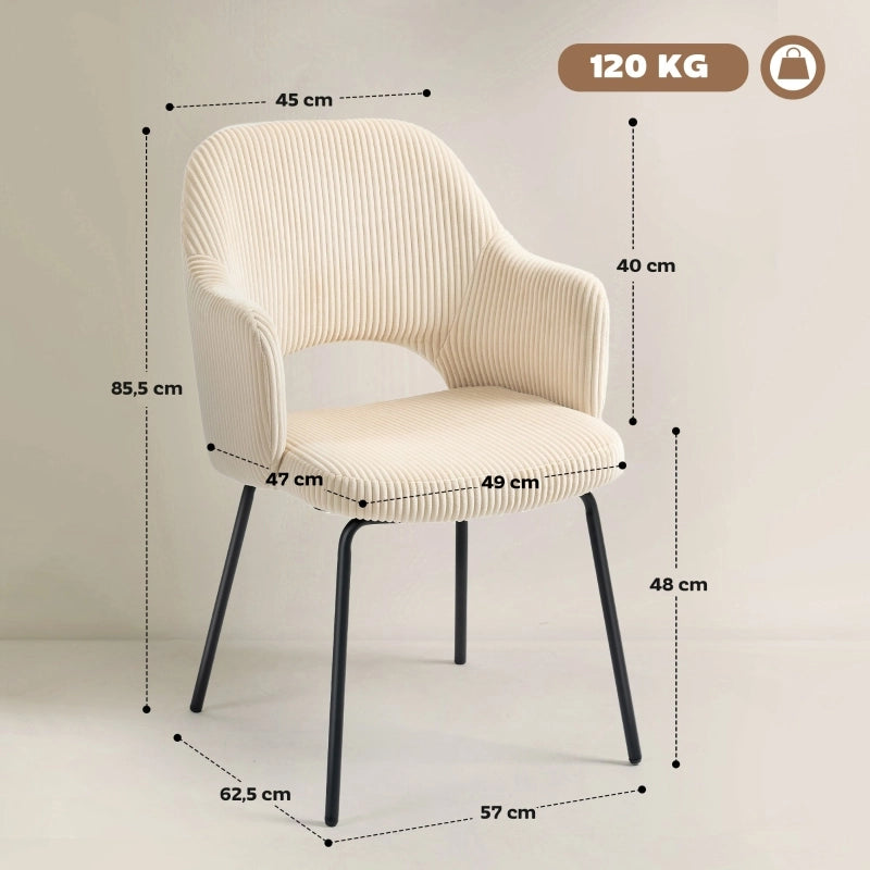 SEDIA da pranzo in corduroy beige, design a vasca, gambe in acciaio