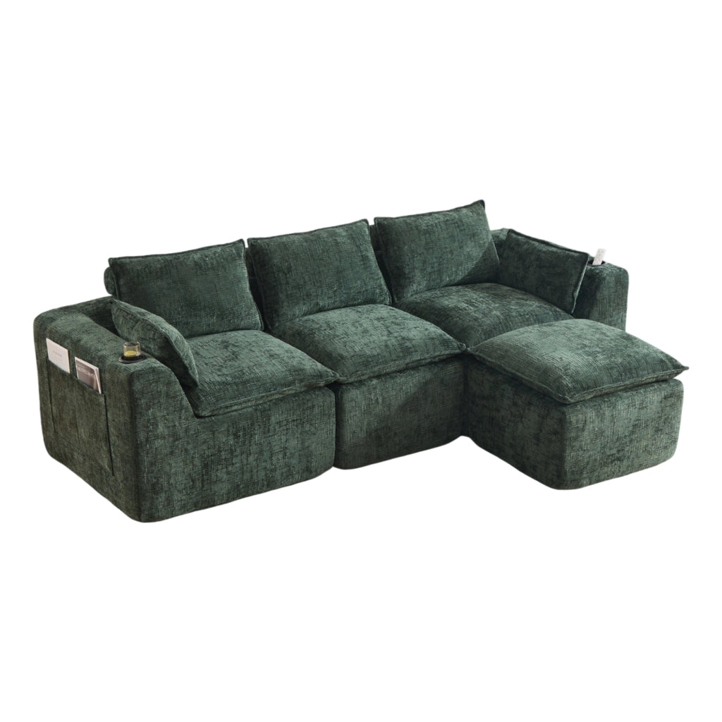 Divano modulare 256x161 cm verde in chenille con pouf e tasche laterali