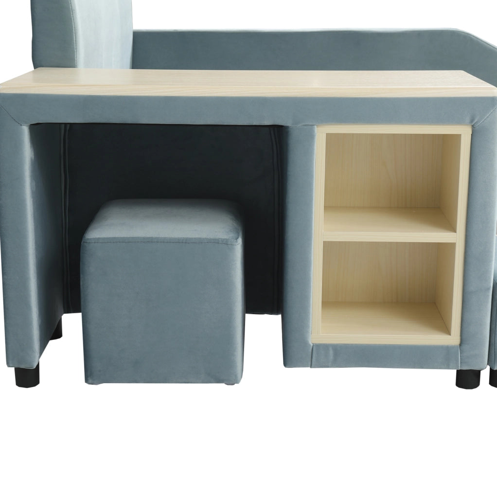 Letto imbottito blu 90x200 cm con scrivania laterale, sgabello e ripiani