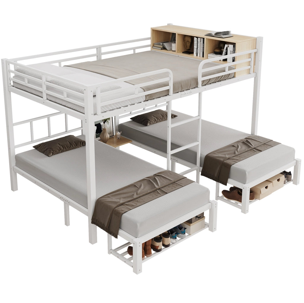 Letto a castello in metallo con 3 posti letto; 140x200 e 2x90x200 cm; bianco e naturale