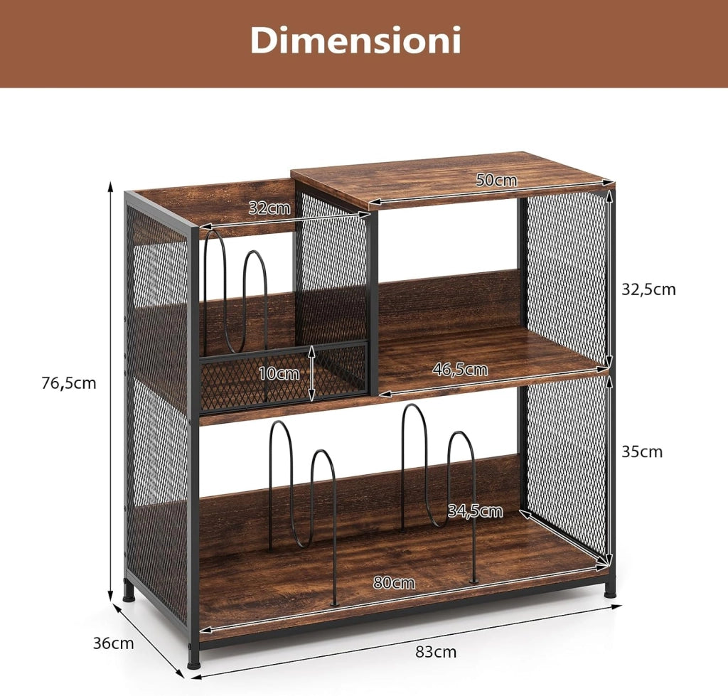 Supporto per Giradischi a 3 Ripiani, Fino a 300 Album, Porta Giradischi Vinili con 3 Separatori Rimovibili e Struttura in Metallo, Mensola di Archiviazione, 83x36x76,5 cm (Marrone)