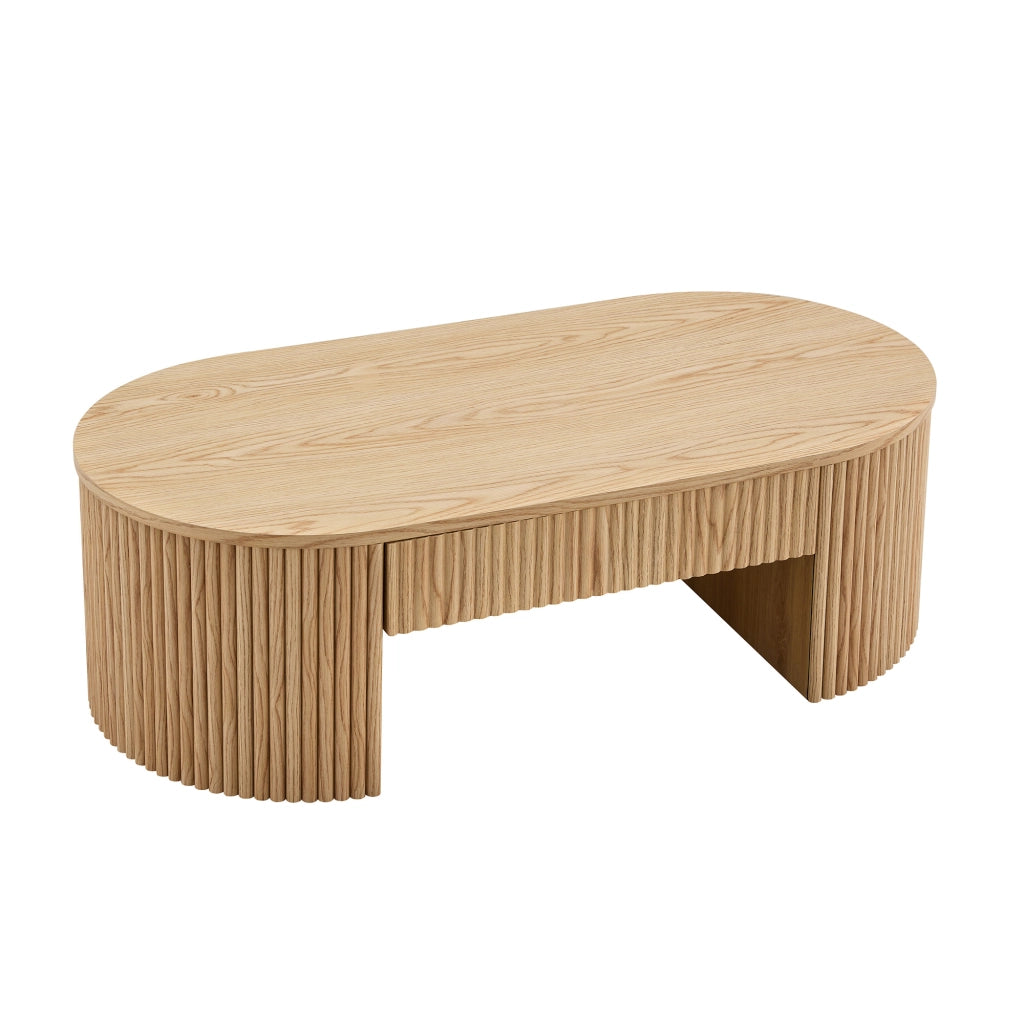 Tavolino basso ovale con cassetto e vano aperto frontali zigrinati in MDF effetto rovere chiaro per soggiorno 118 × 65 × 17 cm