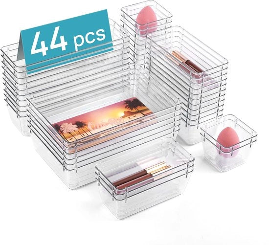 Organizzatore di 44 contenitori per trucco con 4 dimensioni, organizzatore di carrello, sistema di organizzazione di carrello per trucco, cucina, bagno, ufficio