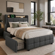 Letto singolo imbottito 90x200 cm con USB, LED e 2 cassetti, grigio